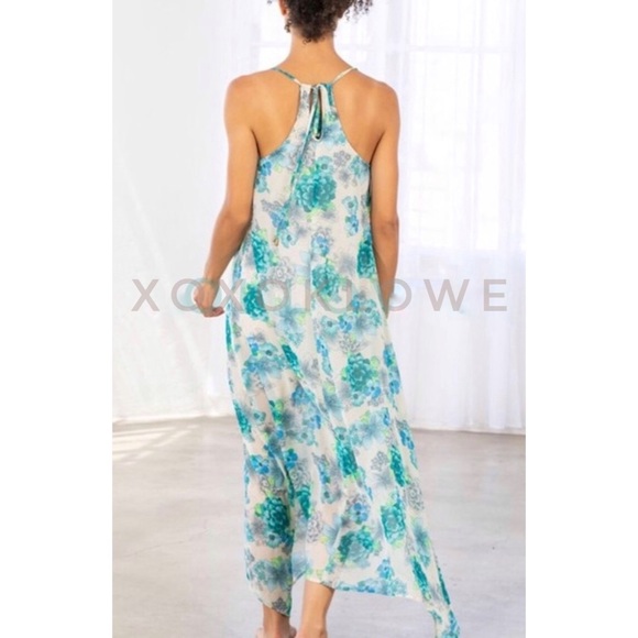 Blue & Green Vibrant Floral Print Maxi Dress Spaghetti Straps Uneven Hem - Picture 12 of 14